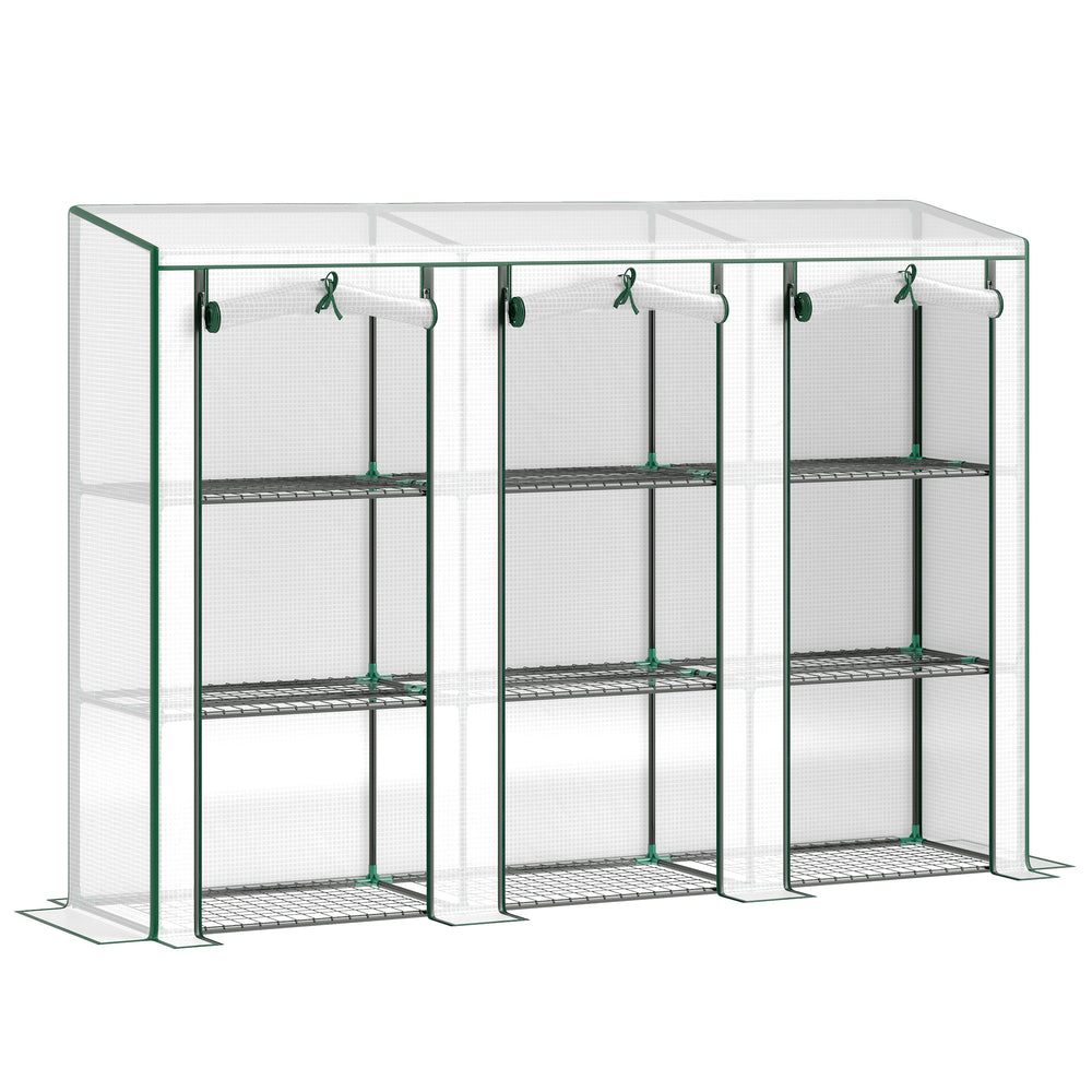 Serre de jardin PE avec étagères 3 niveaux, serre de balcon, bâche renforcée 140 g/m², châssis en acier, 2 portes zippées enroulables pour légumes plantes fleurs 215x46x151cm blanc
