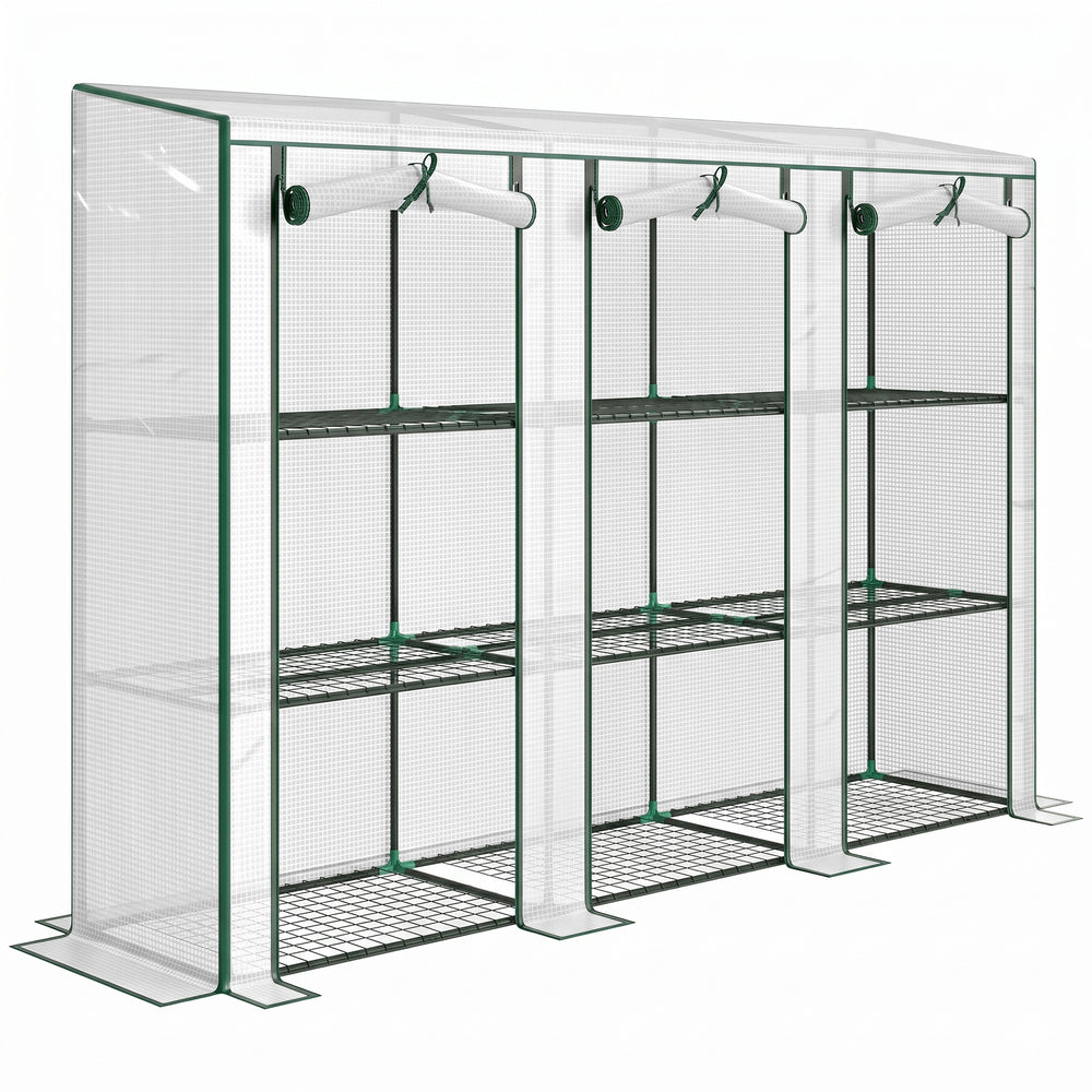 Serre de jardin PE avec étagères 3 niveaux, serre de balcon, bâche renforcée 140 g/m², châssis en acier, 2 portes zippées enroulables pour légumes plantes fleurs 215x46x151cm blanc