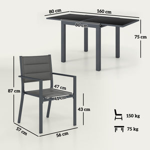 Salon de jardin extérieur en aluminium et textilène table extensible 4 chaises empilables - 4 personnes - dim. table 80/160L x 80l x 75H cm gris
