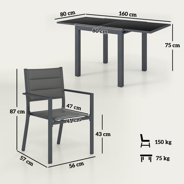 Salon de jardin extérieur en aluminium et textilène table extensible 4 chaises empilables - 4 personnes - dim. table 80/160L x 80l x 75H cm gris