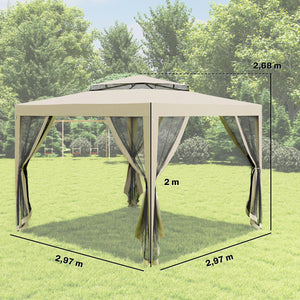 Tonnelle barnum de jardin 3L x 3l m avec 4 moustiquaires amovibles - double toit - beige