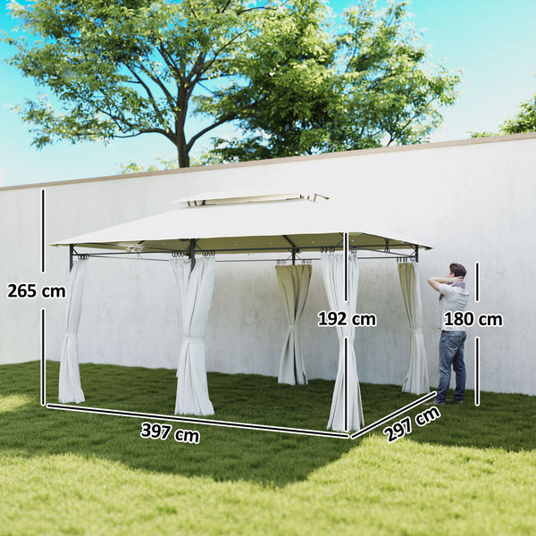 Pavillon 4x3 m, stable et résistant, double toit, 6 côtés, orifices d'évacuation, pavillon de jardin en métal, pour jardin et terrasse, blanc crème