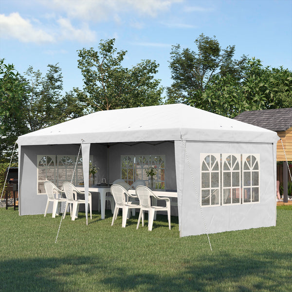 Tonnelle de jardin extérieure pop-up pliante - tente de réception - 3 x 6 m - pavillon chapiteau barnum - 3 cotés démontables - piquets d'ancrage au sol + sac de transport inclus blanc