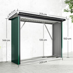 Abri-bûches Couvert en Acier Galvanisé, Support pour Bois de Chauffage Robuste, Montage Rapide, Étagère à Bûches Extérieur Plancher Surélevé Toit Incliné, 213x66,5x150cm, Vert