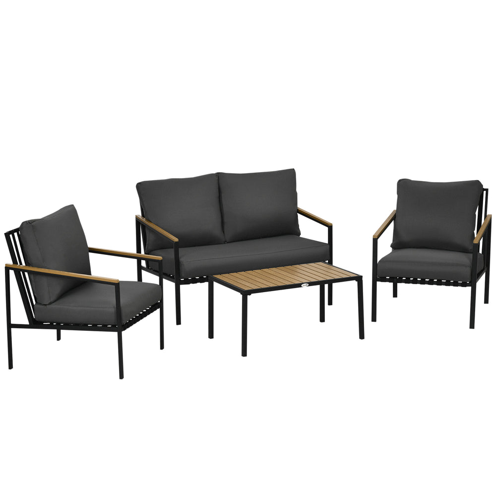 Ensemble salon de jardin 4 pièces 4 personnes avec canapé 2 places, fauteuils et table basse 8 coussins - acier noir polyester gris foncé