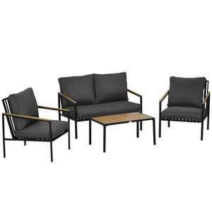 Ensemble salon de jardin 4 pièces 4 personnes avec canapé 2 places, fauteuils et table basse 8 coussins - acier noir polyester gris foncé