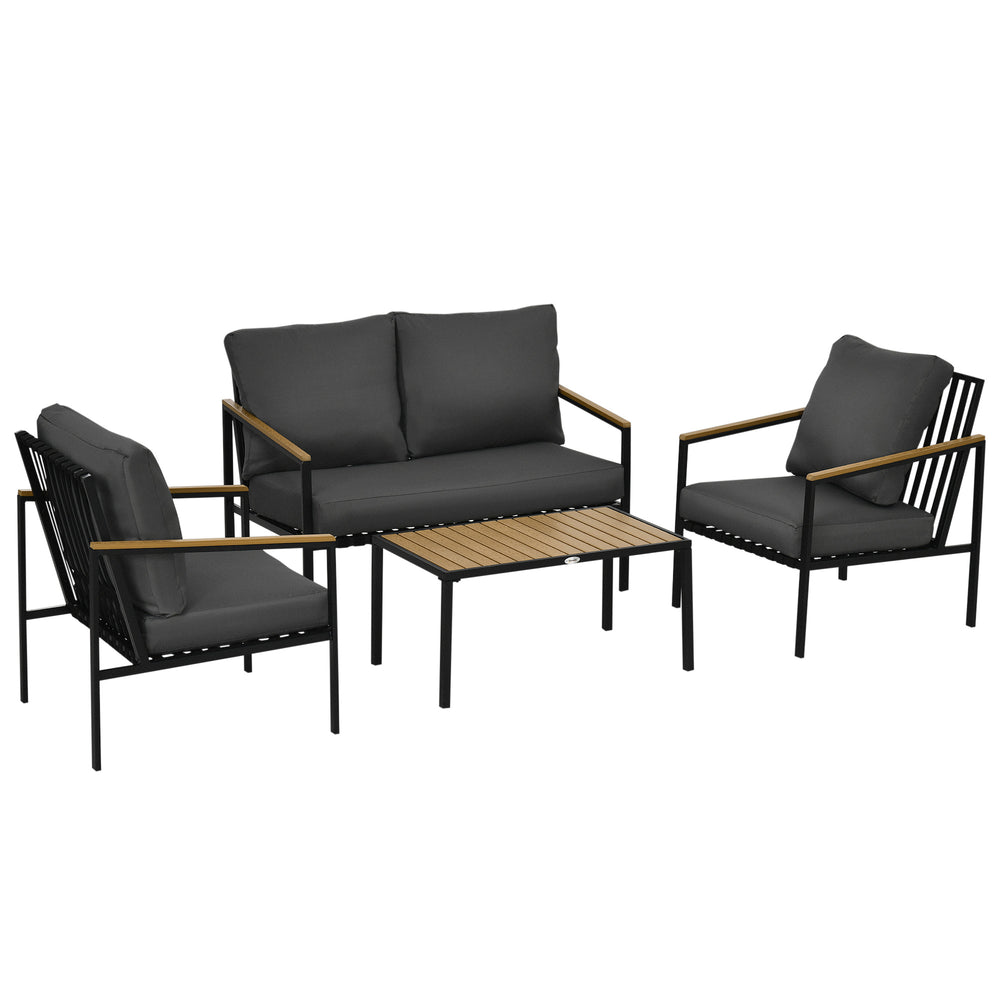 Ensemble salon de jardin 4 pièces 4 personnes avec canapé 2 places, fauteuils et table basse 8 coussins - acier noir polyester gris foncé