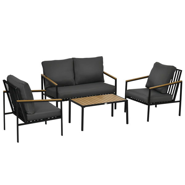 Ensemble salon de jardin 4 pièces 4 personnes avec canapé 2 places, fauteuils et table basse 8 coussins - acier noir polyester gris foncé