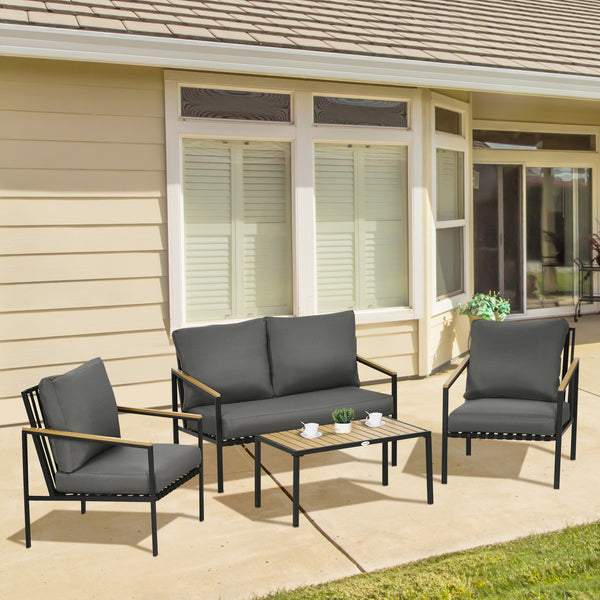 Ensemble salon de jardin 4 pièces 4 personnes avec canapé 2 places, fauteuils et table basse 8 coussins - acier noir polyester gris foncé