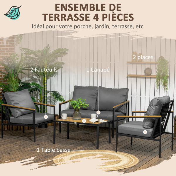 Ensemble salon de jardin 4 pièces 4 personnes avec canapé 2 places, fauteuils et table basse 8 coussins - acier noir polyester gris foncé