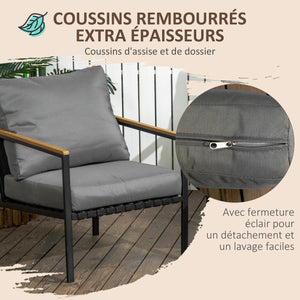 Ensemble salon de jardin 4 pièces 4 personnes avec canapé 2 places, fauteuils et table basse 8 coussins - acier noir polyester gris foncé