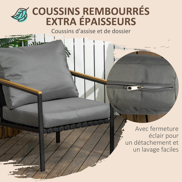 Ensemble salon de jardin 4 pièces 4 personnes avec canapé 2 places, fauteuils et table basse 8 coussins - acier noir polyester gris foncé