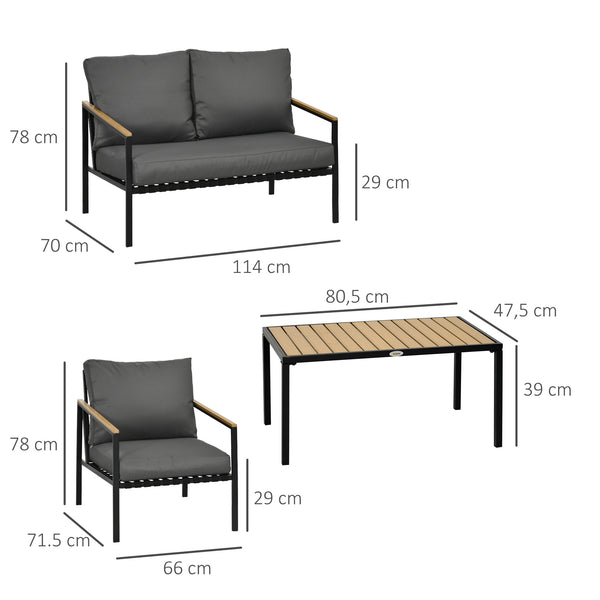 Ensemble salon de jardin 4 pièces 4 personnes avec canapé 2 places, fauteuils et table basse 8 coussins - acier noir polyester gris foncé