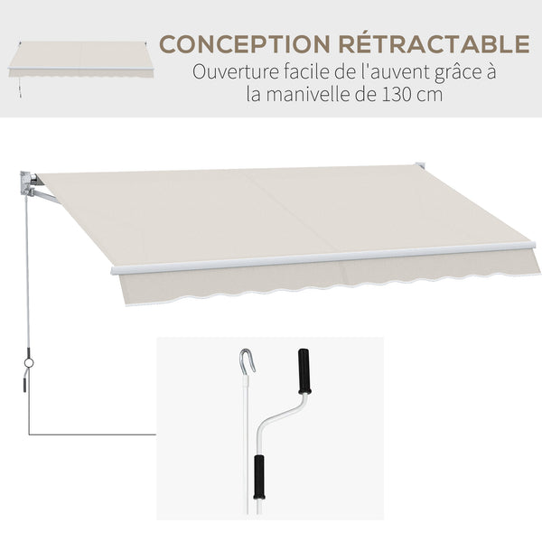 Store banne manuel rétractable 200 x 250 cm store exterieur terrasse avec manivelle métallique, imperméable et anti-UV, aluminium et polyester 280 g/m², protection UV, crème
