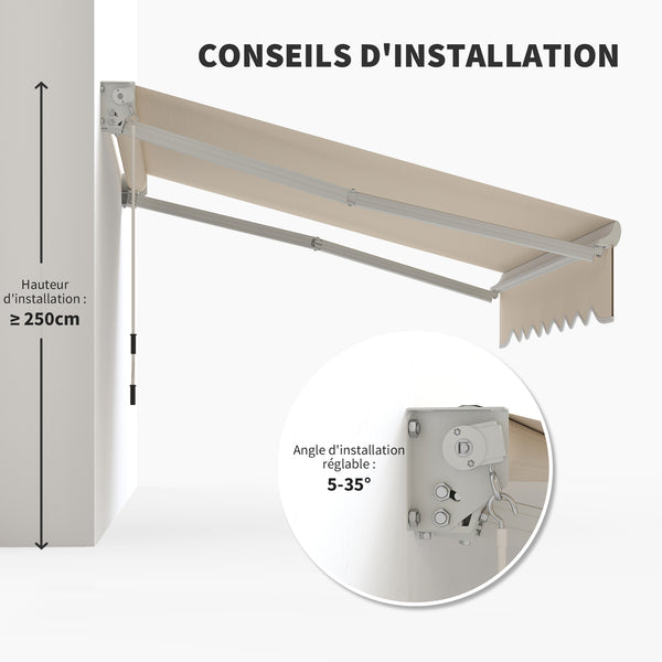 Store banne manuel rétractable 200 x 250 cm store exterieur terrasse avec manivelle métallique, imperméable et anti-UV, aluminium et polyester 280 g/m², protection UV, crème