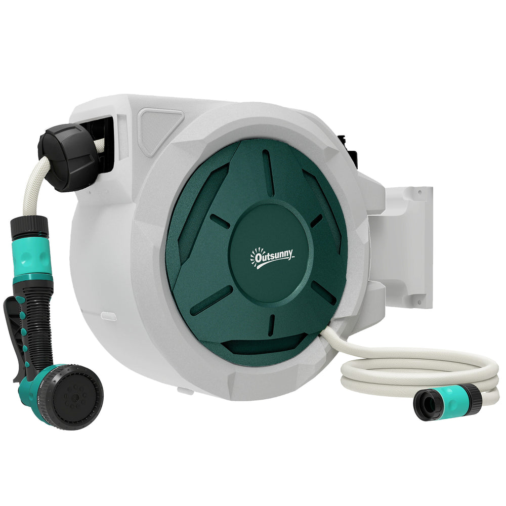 Enrouleur Tuyau Arrosage Mural 30 m x Ø 15 mm, Dévidoir Automatique de Tuyaux d'Eau Rétractable Automatique Pivotant à 180°, Buse à 7 Modes, pour Jardin et Lavage de Voiture, Gris