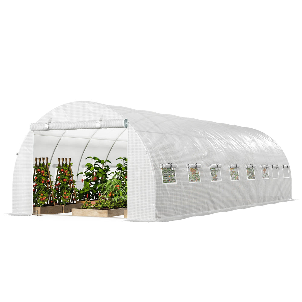 Serre de jardin tunnel 24m² 8L x 3l x 2H m - 16 fenêtres, Porte zippée Enroulable - châssis Tubulaire Acier galvanisé, bâche PE Haute densité Blanc
