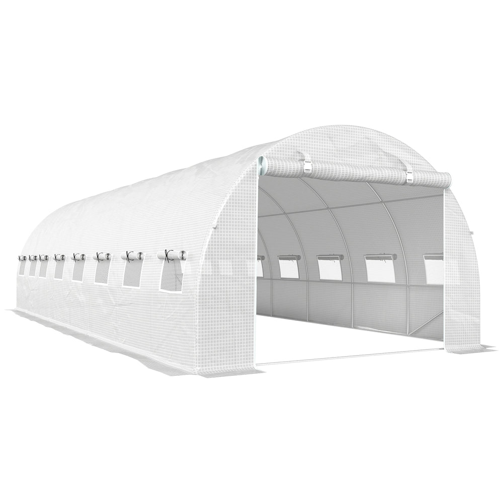 Serre de jardin tunnel 24m² 8L x 3l x 2H m - 16 fenêtres, Porte zippée Enroulable - châssis Tubulaire Acier galvanisé, bâche PE Haute densité Blanc