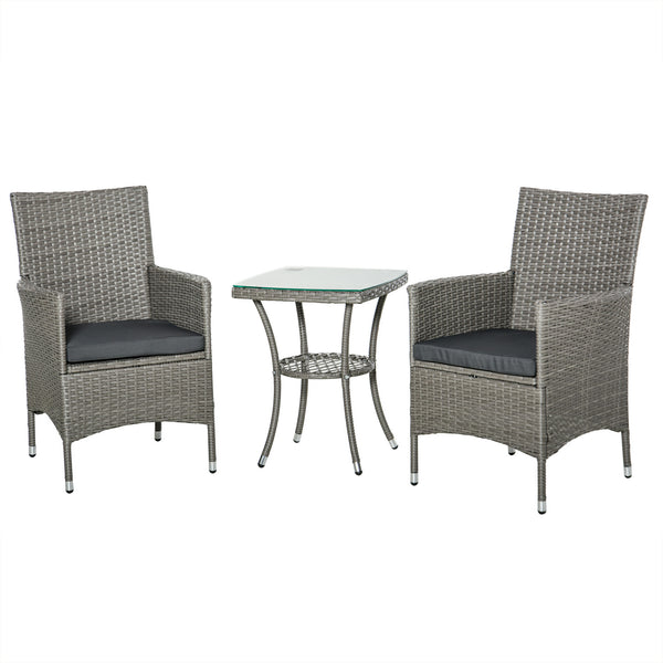 Ensemble salon de jardin 2 places : 2 fauteuils et table basse plateau verre trempé résine tressée imitation rotin avec coussins gris