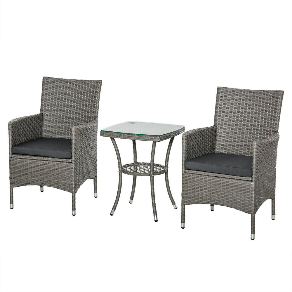 Ensemble salon de jardin 2 places : 2 fauteuils et table basse plateau verre trempé résine tressée imitation rotin avec coussins gris