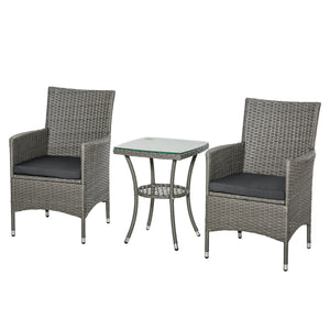 Ensemble salon de jardin 2 places : 2 fauteuils et table basse plateau verre trempé résine tressée imitation rotin avec coussins gris