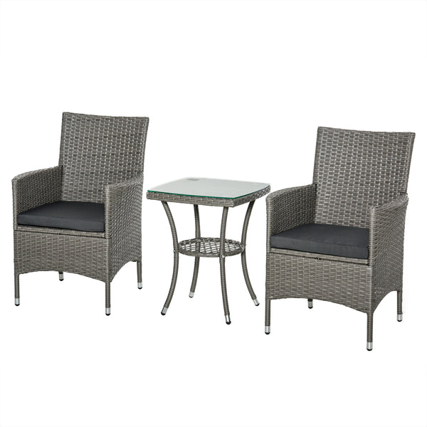 Ensemble salon de jardin 2 places : 2 fauteuils et table basse plateau verre trempé résine tressée imitation rotin avec coussins gris