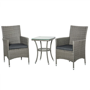 Ensemble salon de jardin 2 places : 2 fauteuils et table basse plateau verre trempé résine tressée imitation rotin avec coussins gris