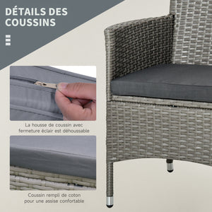 Ensemble salon de jardin 2 places : 2 fauteuils et table basse plateau verre trempé résine tressée imitation rotin avec coussins gris