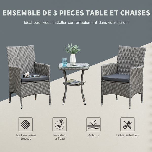 Ensemble salon de jardin 2 places : 2 fauteuils et table basse plateau verre trempé résine tressée imitation rotin avec coussins gris
