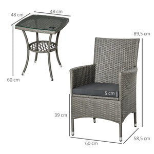 Ensemble salon de jardin 2 places : 2 fauteuils et table basse plateau verre trempé résine tressée imitation rotin avec coussins gris