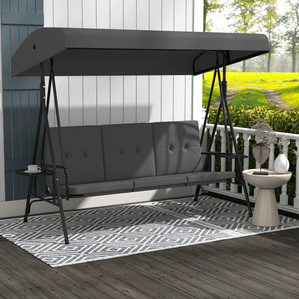 Balancelle de jardin 3 places grand confort inclinaison toit réglable, 2 tablettes latérales, coussins, acier polyester gris foncé