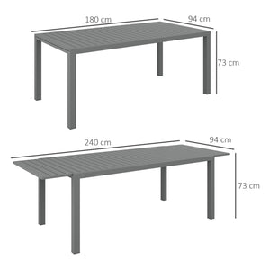 Table de jardin extensible table tables à manger de patio en aluminium rectangulaire pour 6 - 8 personnes, charge max. 50kg, dim. 180/240L x 94l x 73H cm, gris