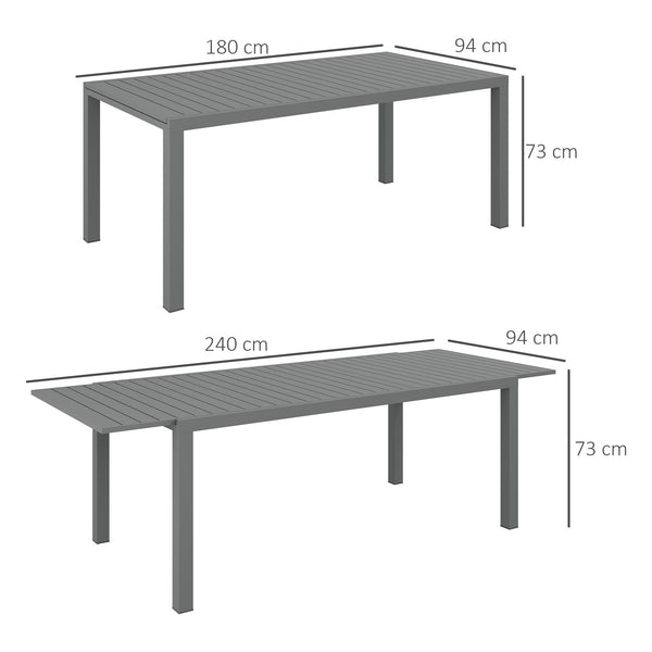 Table de jardin extensible table tables à manger de patio en aluminium rectangulaire pour 6 - 8 personnes, charge max. 50kg, dim. 180/240L x 94l x 73H cm, gris