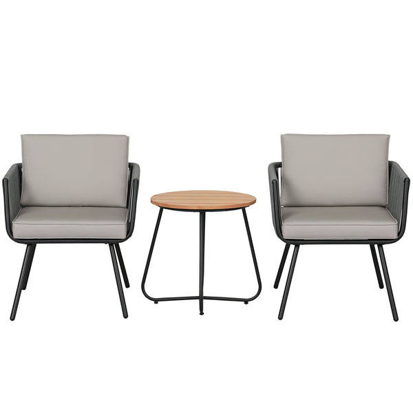 Ensemble de jardin salon de jardin en résine tressée 3 pièces cadre en acier 2 fauteuils + 1 table basse coussins inclus gris