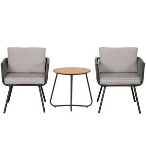 Ensemble de jardin salon de jardin en résine tressée 3 pièces cadre en acier 2 fauteuils + 1 table basse coussins inclus gris