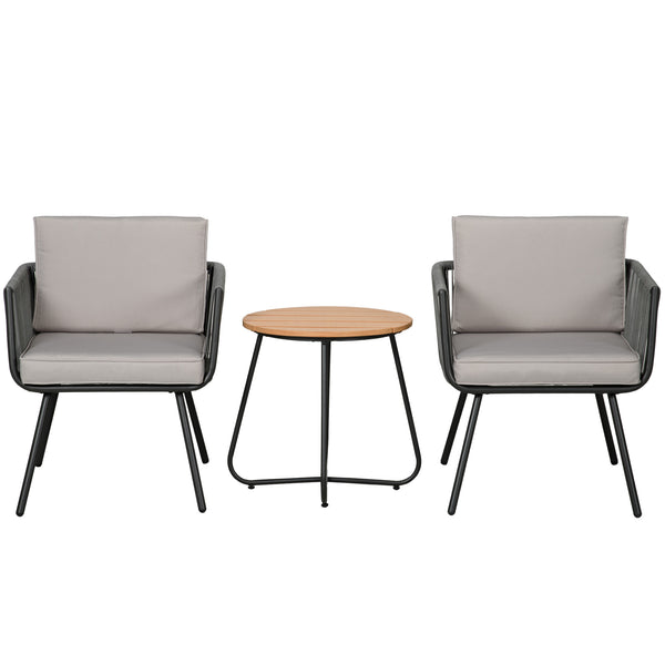 Ensemble de jardin salon de jardin en résine tressée 3 pièces cadre en acier 2 fauteuils + 1 table basse coussins inclus gris
