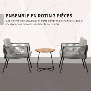 Ensemble de jardin salon de jardin en résine tressée 3 pièces cadre en acier 2 fauteuils + 1 table basse coussins inclus gris