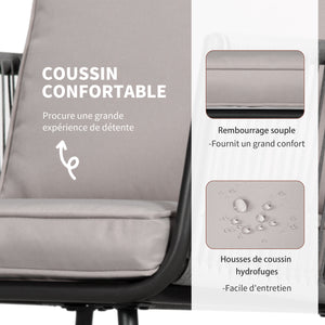Ensemble de jardin salon de jardin en résine tressée 3 pièces cadre en acier 2 fauteuils + 1 table basse coussins inclus gris