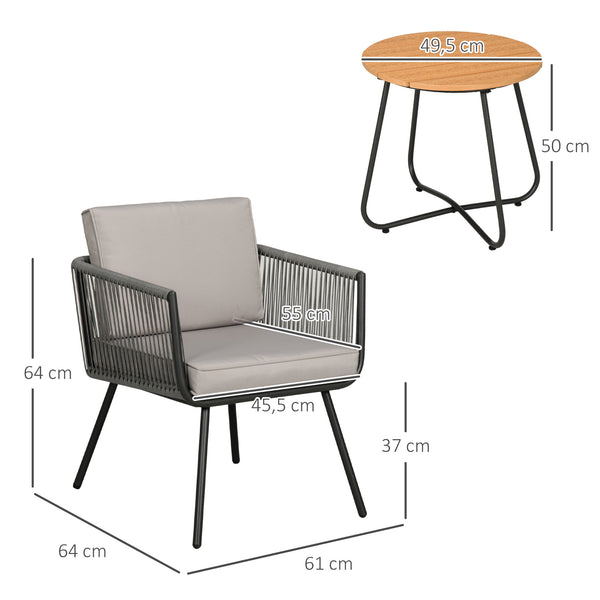 Ensemble de jardin salon de jardin en résine tressée 3 pièces cadre en acier 2 fauteuils + 1 table basse coussins inclus gris