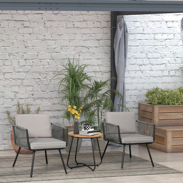 Ensemble de jardin salon de jardin en résine tressée 3 pièces cadre en acier 2 fauteuils + 1 table basse coussins inclus gris