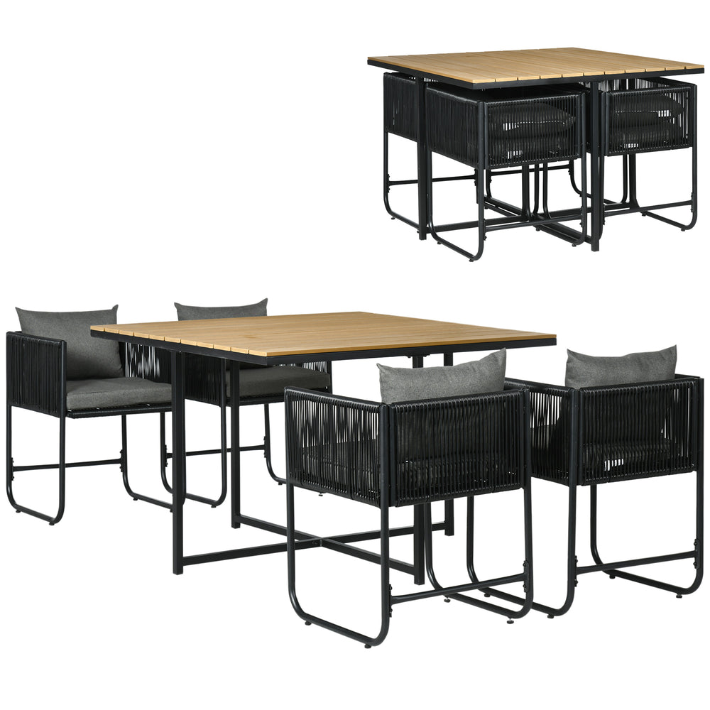 Salon de jardin ensemble table et chaise de jardin 5 pièces avec 1 table et 4 fauteuils contemporain 8 coussins table en composite plateau aspect bois naturel