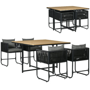 Salon de jardin ensemble table et chaise de jardin 5 pièces avec 1 table et 4 fauteuils contemporain 8 coussins table en composite plateau aspect bois naturel