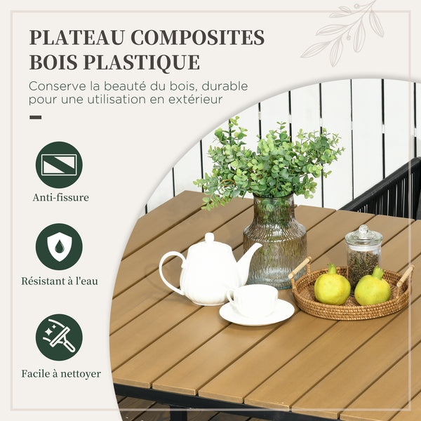Salon de jardin ensemble table et chaise de jardin 5 pièces avec 1 table et 4 fauteuils contemporain 8 coussins table en composite plateau aspect bois naturel