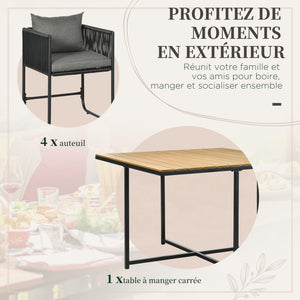Salon de jardin ensemble table et chaise de jardin 5 pièces avec 1 table et 4 fauteuils contemporain 8 coussins table en composite plateau aspect bois naturel