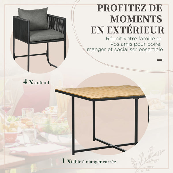 Salon de jardin ensemble table et chaise de jardin 5 pièces avec 1 table et 4 fauteuils contemporain 8 coussins table en composite plateau aspect bois naturel