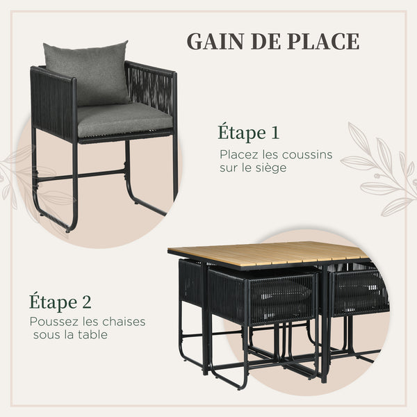 Salon de jardin ensemble table et chaise de jardin 5 pièces avec 1 table et 4 fauteuils contemporain 8 coussins table en composite plateau aspect bois naturel