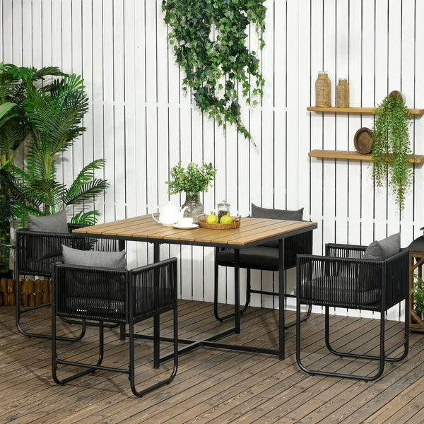 Salon de jardin ensemble table et chaise de jardin 5 pièces avec 1 table et 4 fauteuils contemporain 8 coussins table en composite plateau aspect bois naturel