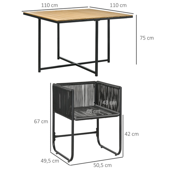 Salon de jardin ensemble table et chaise de jardin 5 pièces avec 1 table et 4 fauteuils contemporain 8 coussins table en composite plateau aspect bois naturel