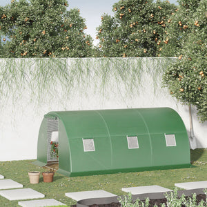 Serre de Jardin Tunnel 13,5 m² dim. 4,5L x 3l x 2H m - 6 fenêtres, Porte zippée Enroulable - châssis Tubulaire Acier galvanisé, bâche PE Haute densité Vert
