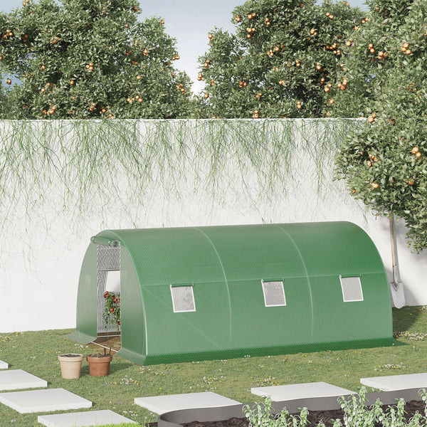 Serre de Jardin Tunnel 13,5 m² dim. 4,5L x 3l x 2H m - 6 fenêtres, Porte zippée Enroulable - châssis Tubulaire Acier galvanisé, bâche PE Haute densité Vert